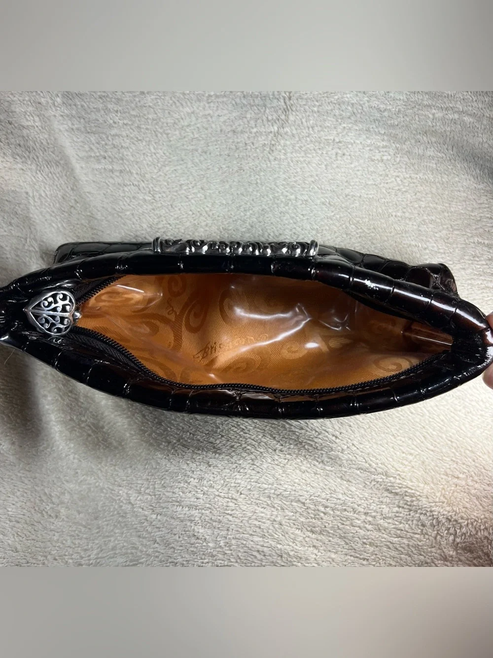 Brighton Brown Croc Embossed Patent Cosmetic Pouch Makeup Bag Leather Trim